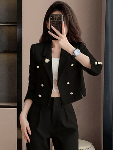 黑色西装套装女2024春季新款小个子短款小香风西服气质高级感套裤