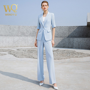 wq高端时尚淡蓝色西装微喇裤套装女夏气质短袖西服职业装正装外套