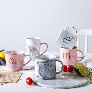 大理石纹陶瓷马克杯创意北欧金边陶瓷杯子带盖勺礼物情侣杯咖啡杯