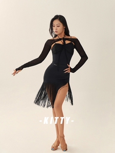 kitty拉丁舞服成人女服装练功训练服百搭套指小砍肩长袖黑色白色