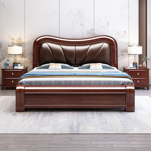 实木床1.8米新中式主卧海棠木现代简约1.5真皮软包储物婚床双人床