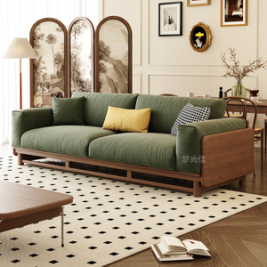 新中式沙发客厅木质直排木头松弛感茶室接待两用双人三人布艺沙发
