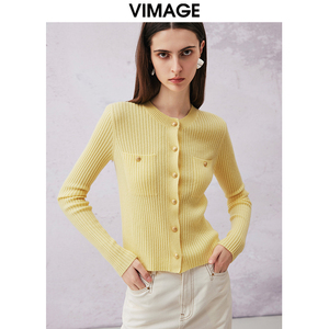 VIMAGE纬漫纪时尚嫩黄色圆领修身短款显瘦百搭针织开衫24春季新款