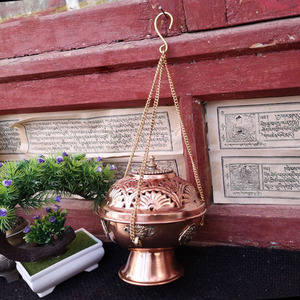西藏悬挂式红铜棱形香炉古典香座锥香盘摆藏式烟供圆款纯铜香薰炉