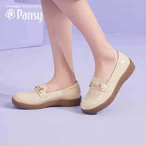 Pansy日本女鞋休闲轻便舒适浅口黑色乐福鞋一脚蹬通勤平底鞋子春