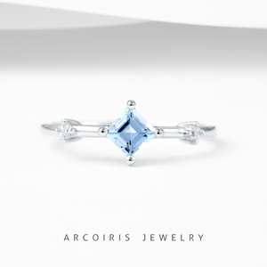 Arcoiris 纯天然海蓝宝925银镀白金方形戒指女原创设计简约冷淡风