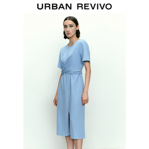 UR新款女装度假风婴儿蓝薄棉质开衩宝藏连衣裙UWH732028