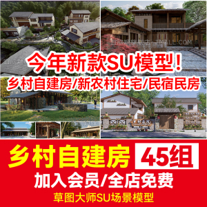 乡村民居美丽新农村su模型民宿民房住宅乡镇改造新中式建筑自建房