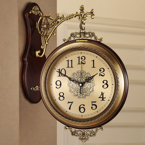 黄铜美式实木双面挂钟客厅钟表时钟挂表家用两面静音欧式时尚简约