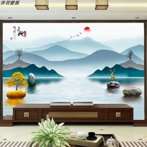 新中式水墨山水意境5d壁布电视沙发背景墙壁纸8d立体高端影视壁画