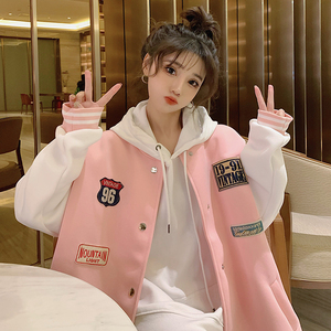 粉白色棒球服少女春秋装学院风初高中学生韩版宽松小个子夹克外套