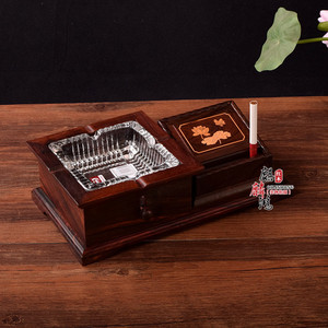 实木烟灰缸木质中式红木办公室木制复古大号仿古礼品客厅弹跳烟盒
