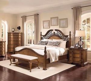 美式轻奢雕花art实木双人床法式复古做旧高背四柱铁艺大婚床定制