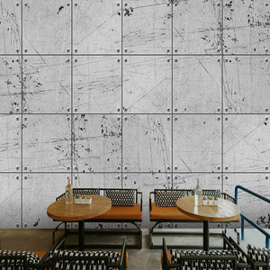 3D复古工业风铁皮铁锈金属墙纸灰色格子loft网咖酒吧密室餐厅壁纸