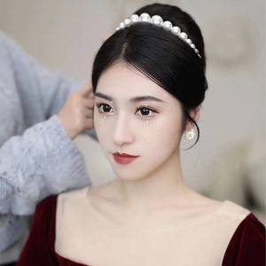 韩式新娘婚礼简约头饰白色珍珠串珠发箍配纱带仙气婚纱礼服配饰品