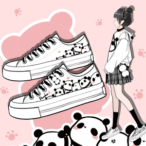 原创可爱手绘熊猫帆布鞋女2023新款国潮百搭学生运动休闲低帮板鞋