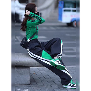 高级感休闲时尚运动服套装女2024春秋季新款显瘦绿色上衣阔腿卫裤