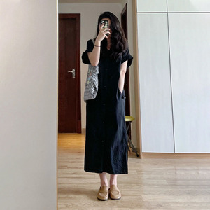 M黑色连衣裙女夏装大码中长款衬衣裙子休闲polo领显瘦短袖衬衫裙