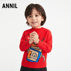 安奈儿童装男童毛衣2022冬季新款加厚针织衫小男孩红色新年款洋气