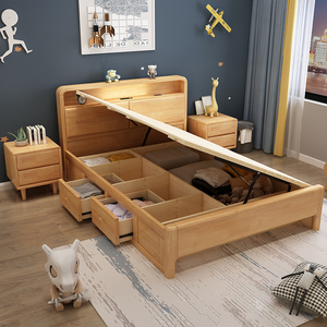实木单人床1.2米小户型1米儿童床1.35*1.9原木高箱储物抽屉收纳床