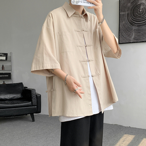 新中式棉麻短袖衬衫男夏季国风潮牌大码五分半袖衬衣盘扣唐装外套