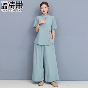 中国风女装夏装汉服唐装棉麻套装民族风茶艺服装两件套现代复古风