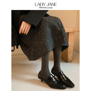 LadyJane真皮法式复古气质小猫跟中古高跟乐福鞋带跟银色方头单鞋