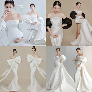 新款孕妇拍照服装韩式唯美孕照白色拖尾礼服摄影楼孕期妈咪艺术照