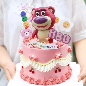 烘焙蛋糕装饰摆件韩式ins草莓熊生日帽儿童派对甜品蛋糕插件插牌