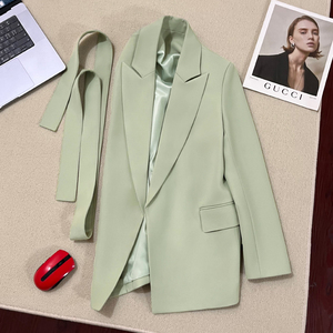 2024年春秋新款翡翠绿系带西装外套女设计感韩版气质网红炸街西服