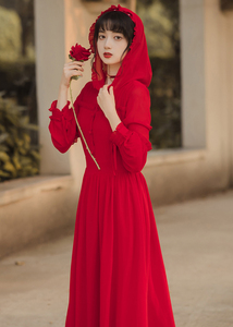 温柔风文艺复古带帽红色连衣裙长袖春秋季雪纺长裙旅游度假裙仙女