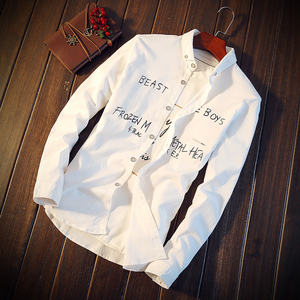 乌托邦男装秋冬季热卖打底长袖衬衫修身男士白色带字母时尚衬衣男
