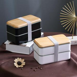 日式木纹饭盒双层密封防漏微波炉分隔便当盒带餐具上班族厂家批发