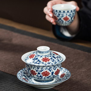 景德镇复古风青花釉里红三才盖碗茶杯单个高端陶瓷功夫泡茶碗杯子