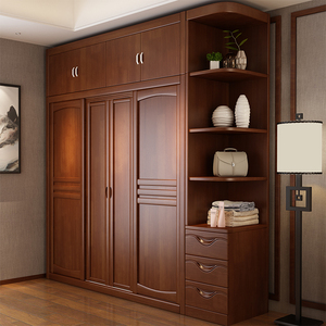 中式实木大衣柜推拉门 主卧室家用四门柜子 整体组合衣橱原木家具