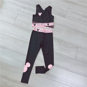 外贸美单 女童粉色米奇头速干运动套装儿童卡通背心+运动裤瑜伽服