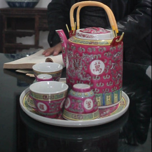景德镇厂货万花瓷器茶壶万寿无疆收藏中式手工绘画宫廷风提梁水壶