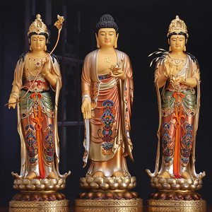 西方三圣纯铜手工彩绘神像摆件台湾观音佛像供奉家用阿弥陀佛站像