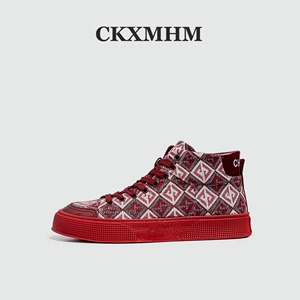 CKXMHM夏季牛仔帆布板鞋男款个性图案设计感小众鞋高帮防滑休闲鞋