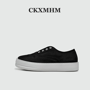 CKXMHM夏季男士厚底帆布鞋黑白熊猫撞色防滑板鞋一脚蹬套脚懒人鞋
