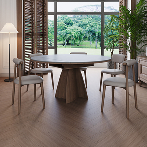 中古风实木岩板餐桌椅组合可伸缩方变圆两用现代简约大小户型折叠