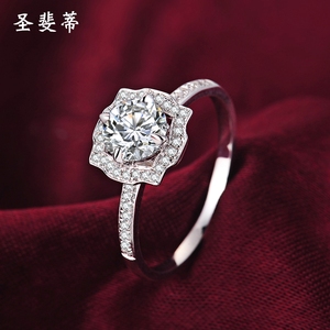 圣斐蒂18k白金人造钻石四爪戒指女创意个性IGI培育钻求婚订婚指环