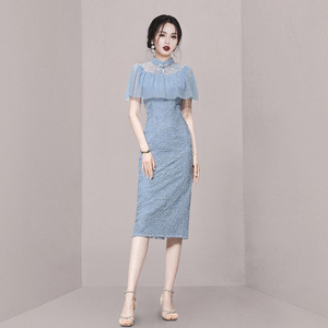 法式复古民国风女装夏季长款修身气质镂空高端蓝色蕾丝旗袍连衣裙