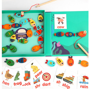 儿童木质磁性钓鱼拼单词游戏幼儿园宝宝早教认知益智力亲子玩具1+