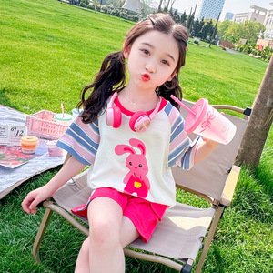女小童夏季运动套装2024新款韩版女宝宝卡通歪耳兔短袖两件套夏装