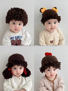 秋冬款婴儿帽可爱女宝宝刘海假发帽超萌小辫子毛线帽保暖网红帽子
