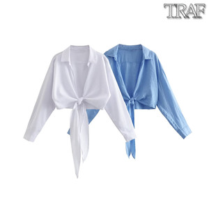 TRAF 欧美风外贸女装新款时尚休闲系带打结长袖短衬衫3067087