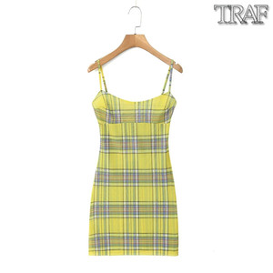 TRAF 欧美风外贸女装新款双层黄格子网布印花吊带裙连衣裙