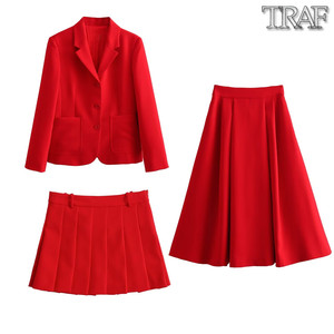 TRAF 欧美风外贸女装新款紧身西装褶饰斗篷半身裙短裙套装