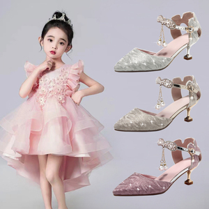 公主鞋女童水晶鞋尖头细跟高跟鞋儿童鞋小女孩凉鞋礼服鞋演出鞋子